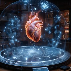 A holographic heart model is displayed above a circular pedestal, surrounded by intricate blue light patterns in a dynamic educational setting.