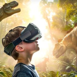 Boy Experiencing Dinosaurs through Virtual Reality Glasses